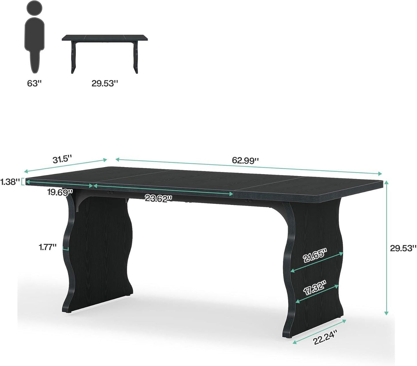 Black 63 Inch Rectangular Modern Dining Table For 4 To 6
