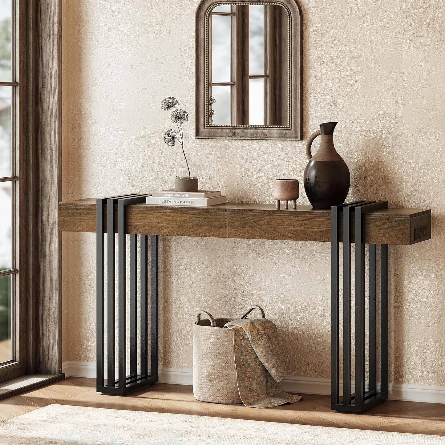 63Inch Walnut Console Table Sleek With Power Outlet