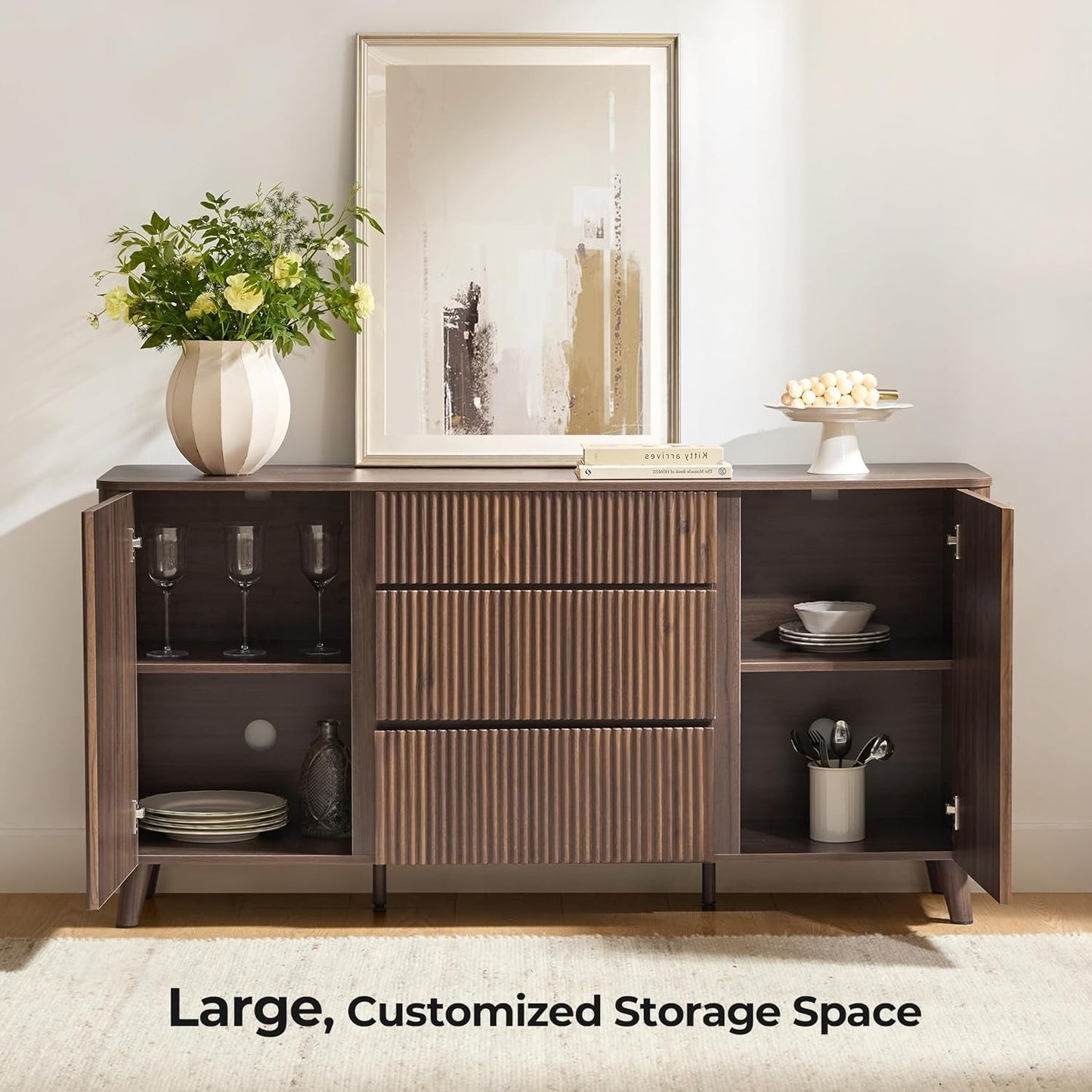 62 Inch Walnut Sideboard Buffet With Adjustable Shelves