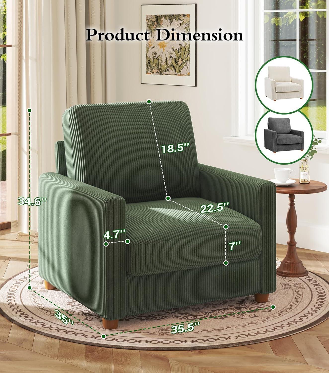 Green Corduroy Accent Chair With 22 Inch Deep Seat