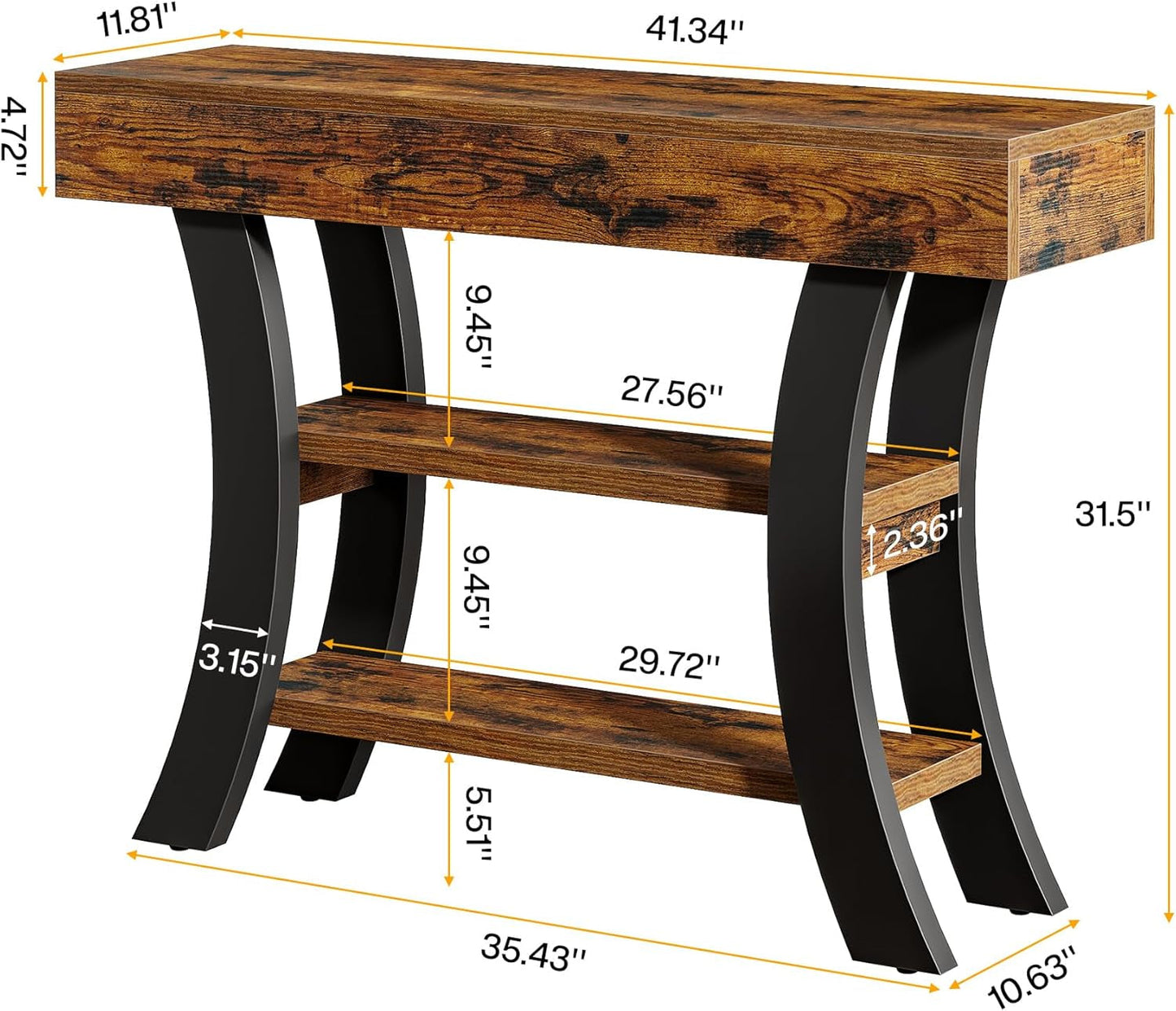 41 Inch Rustic Brown Console Table Curved Frame Shelves