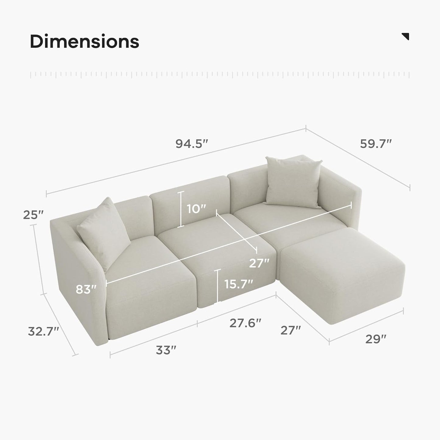 L Shaped Convertible Modular Sectional Sofa Cream Chaise
