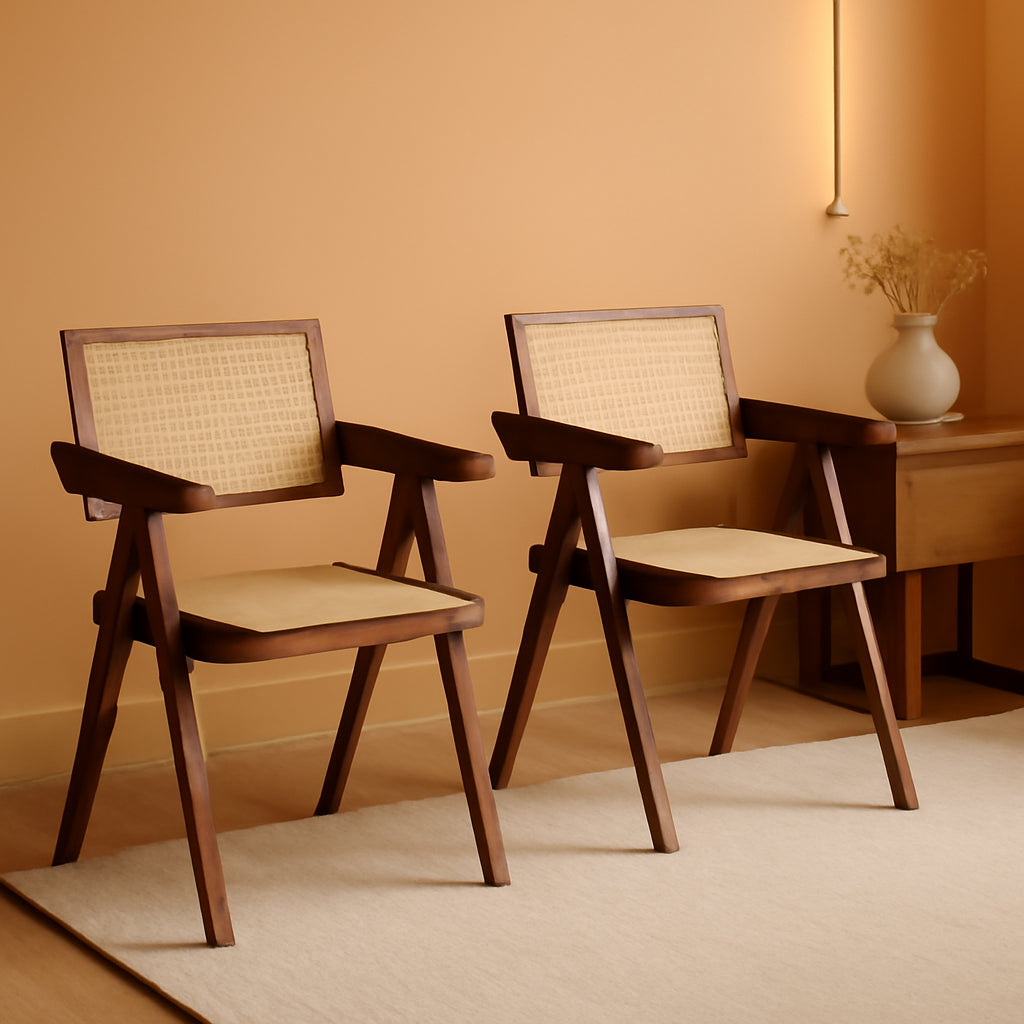 Walnut Rattan Dining Chairs Set Of 2 Ergonomic Back