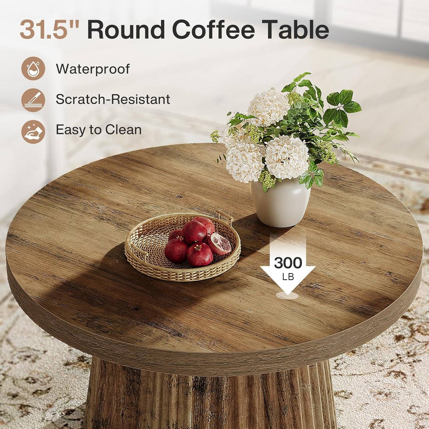 Solid Walnut Round Coffee Table 31.5 Inches Drum Base