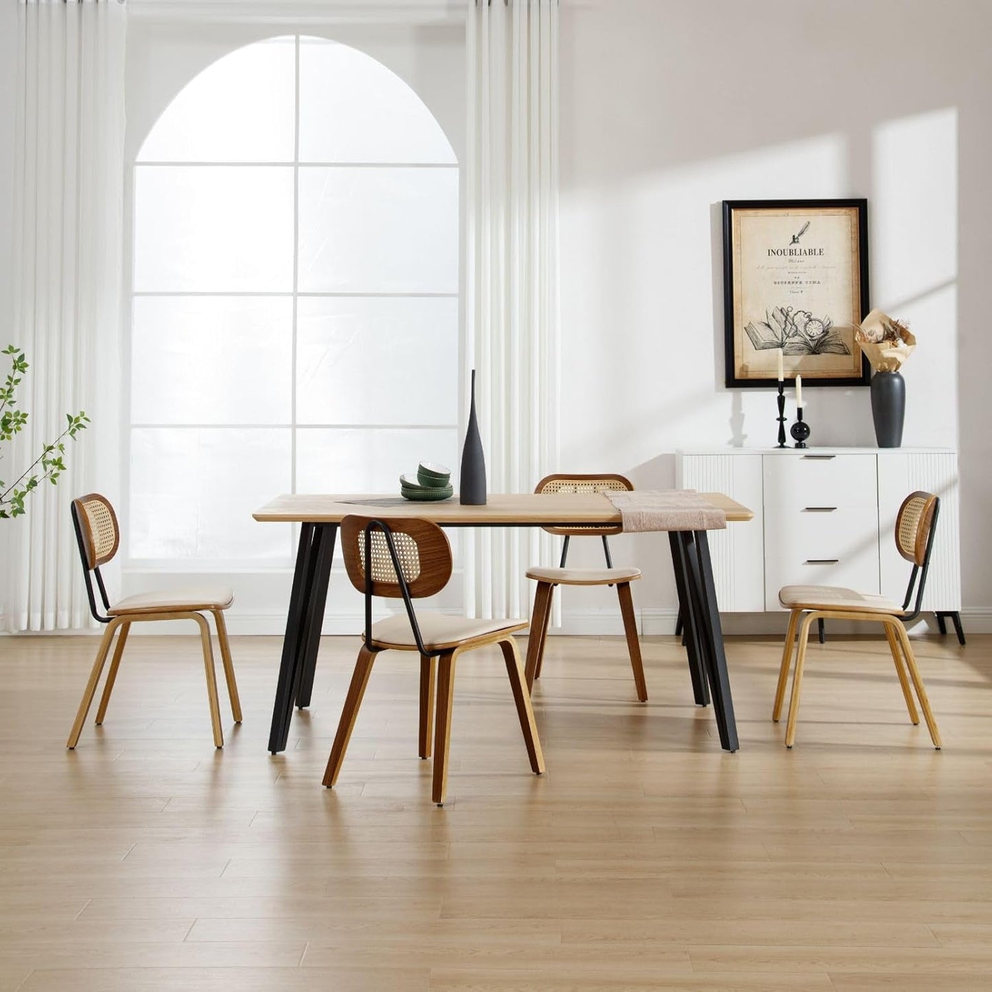 Beige Upholstered Dining Chairs With Rattan Backrest