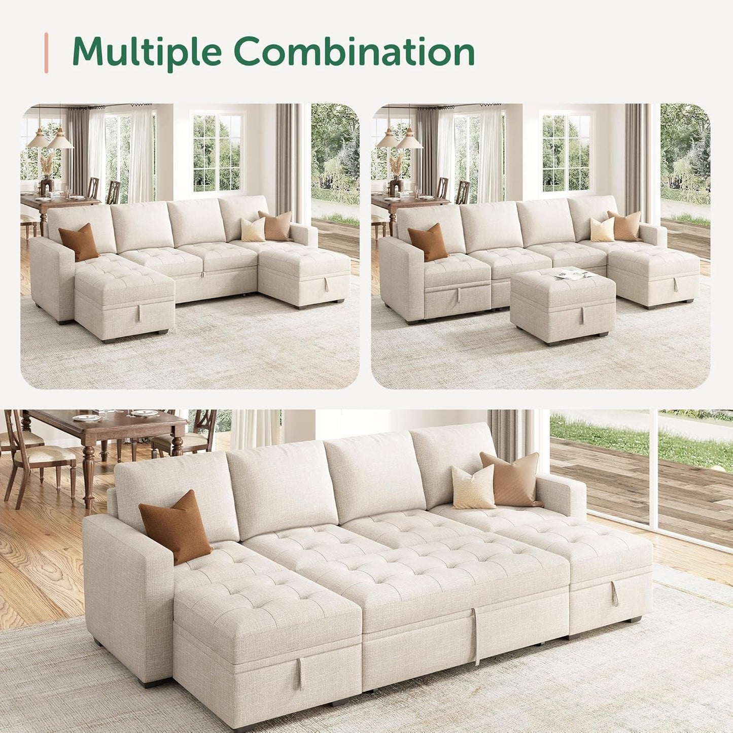 Beige Modular Sleeper Sectional Couch With Storage