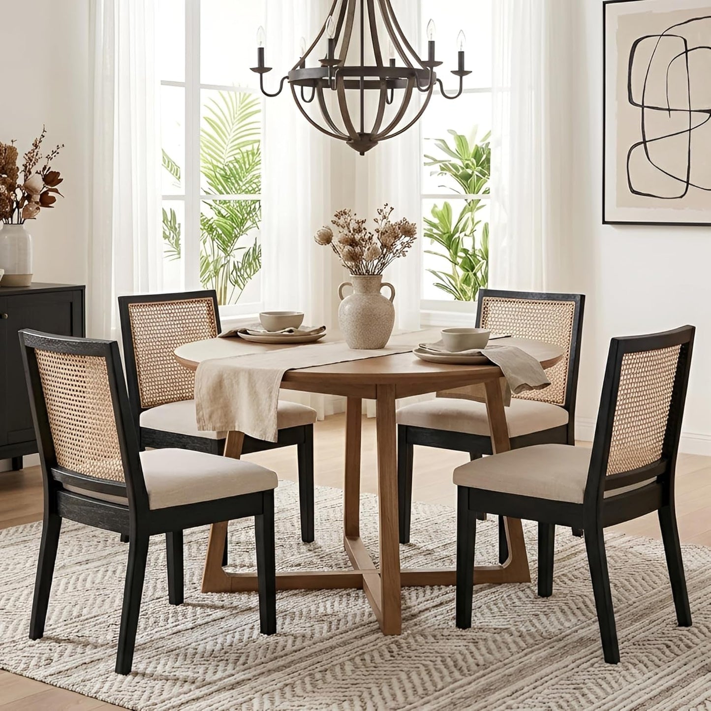 BeigeTextured Rattan Dining Chairs CaneBack Set Two