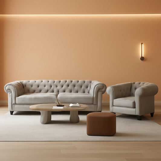 Three Piece Living Room Sofa Set Grey Velvet Chesterfield Sofa Club Chair Loveseat Nailhead Trim