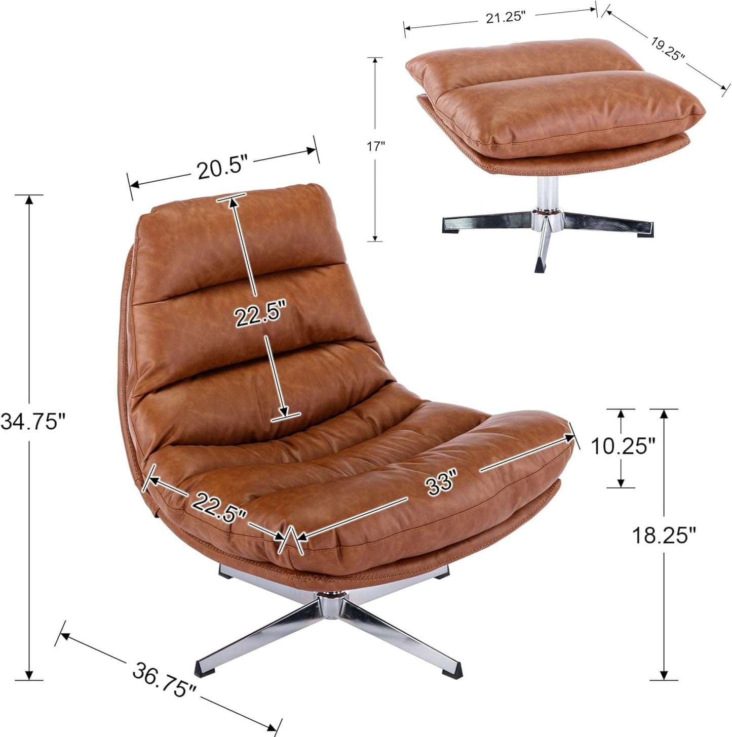 Brown Upholstered Faux Leather Swivel Chair Ottoman