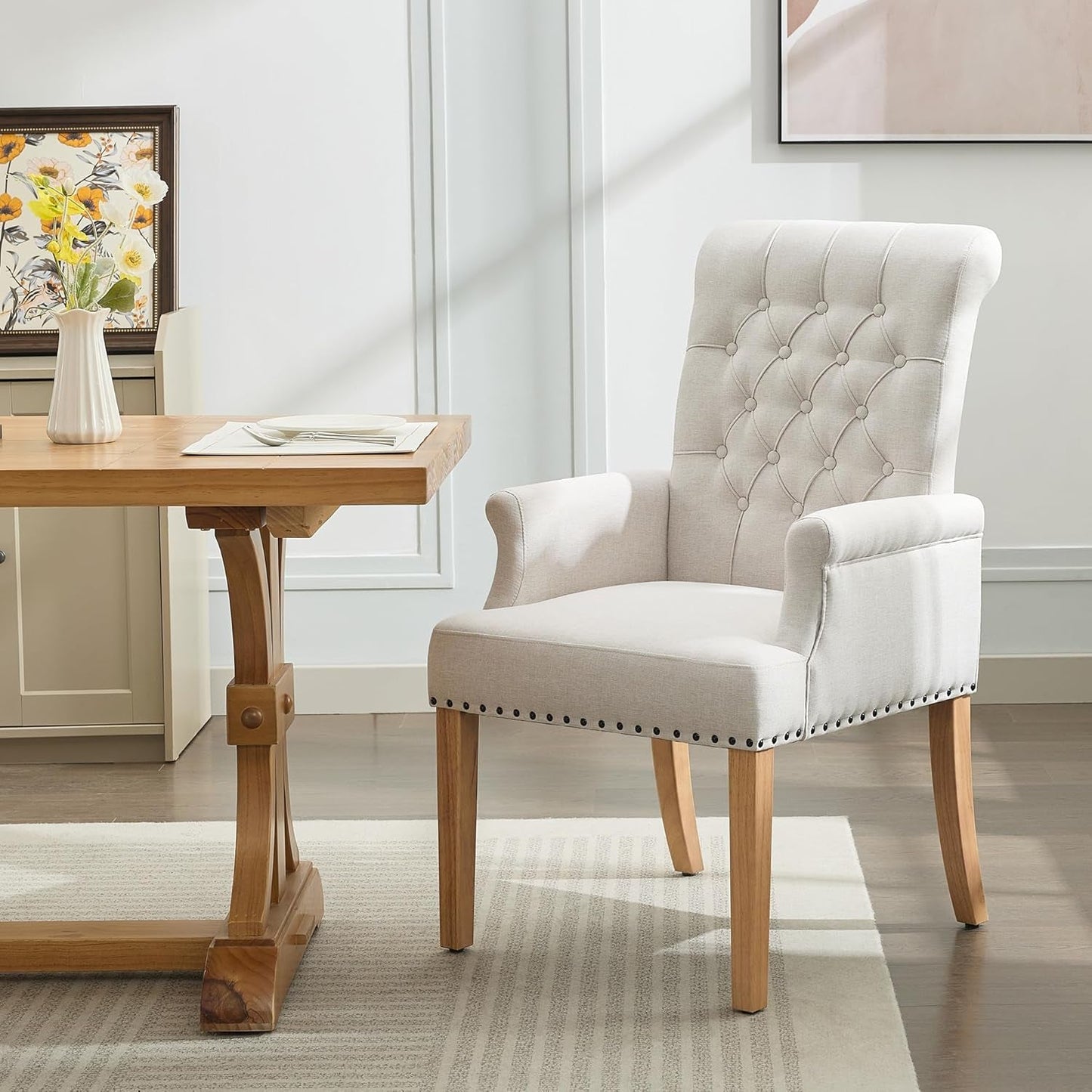 Beige Upholstered Dining Chair With Armrests Tufted