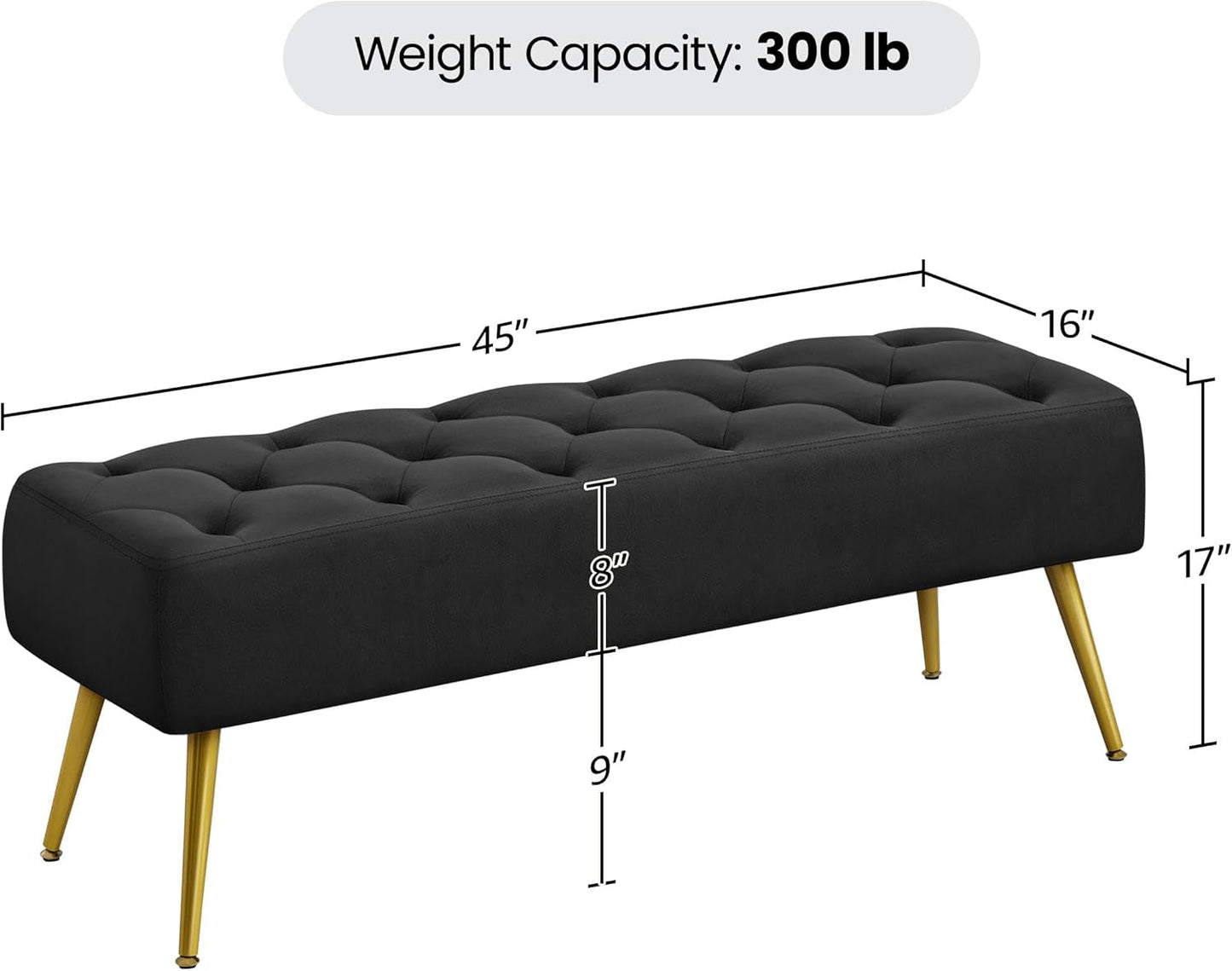 Black Velvet Upholstered Ottoman Bench Golden Legs
