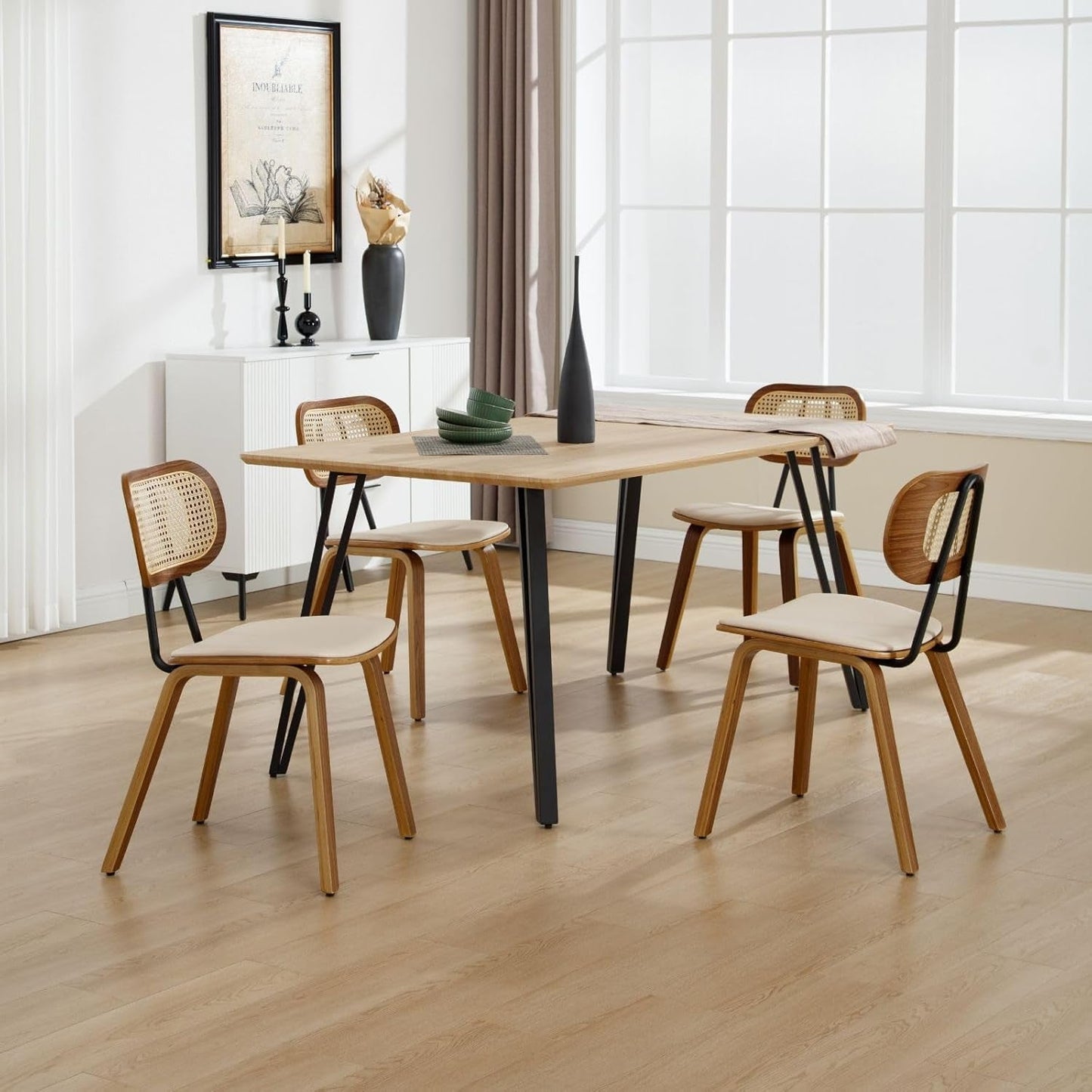 Beige Upholstered Dining Chairs With Rattan Backrest