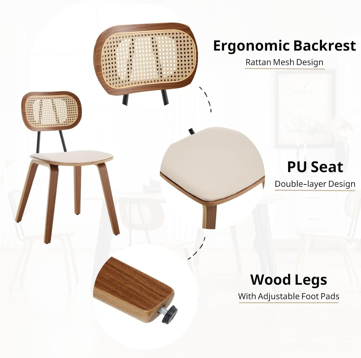 Beige Upholstered Dining Chairs With Rattan Backrest