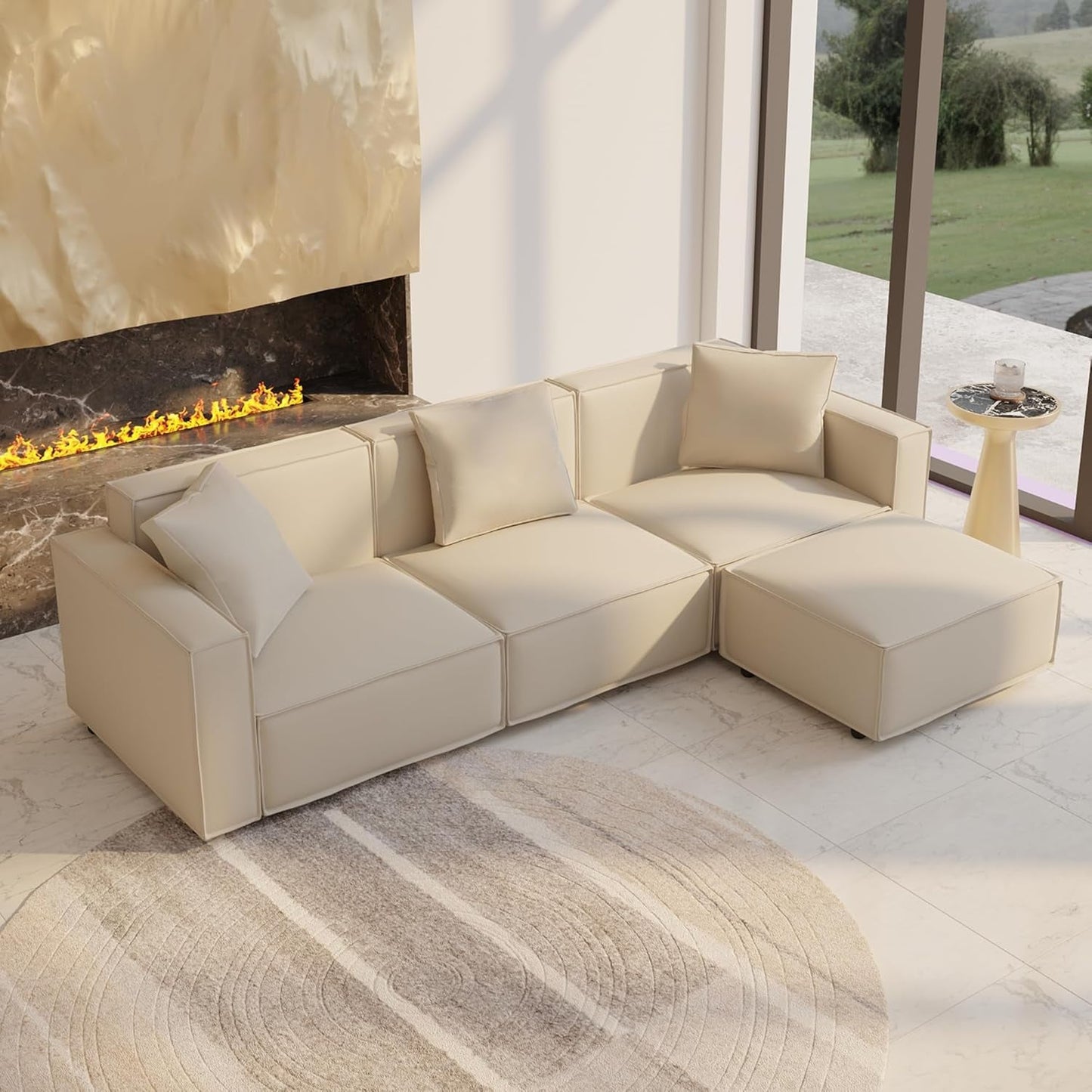 Cream Modular Sectional Sofa Set With Ottoman And Chaise