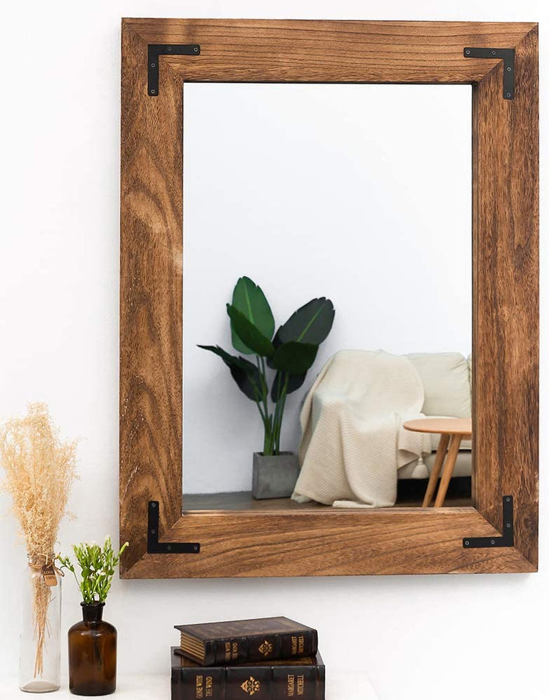 Rustic Wood Framed Wall Mirror 32 Inch Brown Vanity