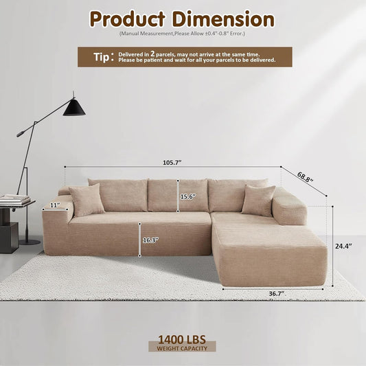 104 Inch Cloud Sectional Couch With L Shaped Chaise Modern Modular Sofa In Camel Corduroy Fabric