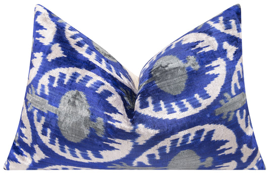 Canvello Handmade Velvet Ikat Pillow – 16x24 Luxury Decorative Throw Cushion for Home Decor – Feather Down Insert, Vegetable-Dyed, Elegant Blue and White Accent for Sofa, Couch & Furniture