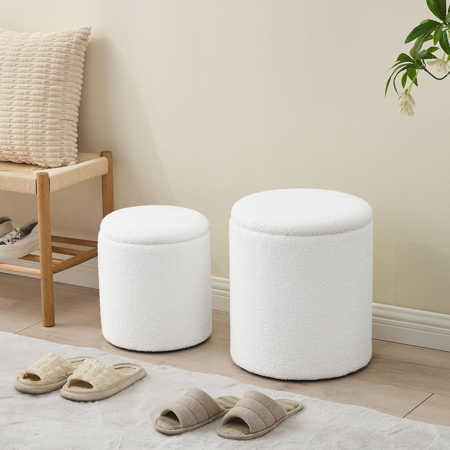 White Round Boucle Velvet Upholstered Storage Ottoman