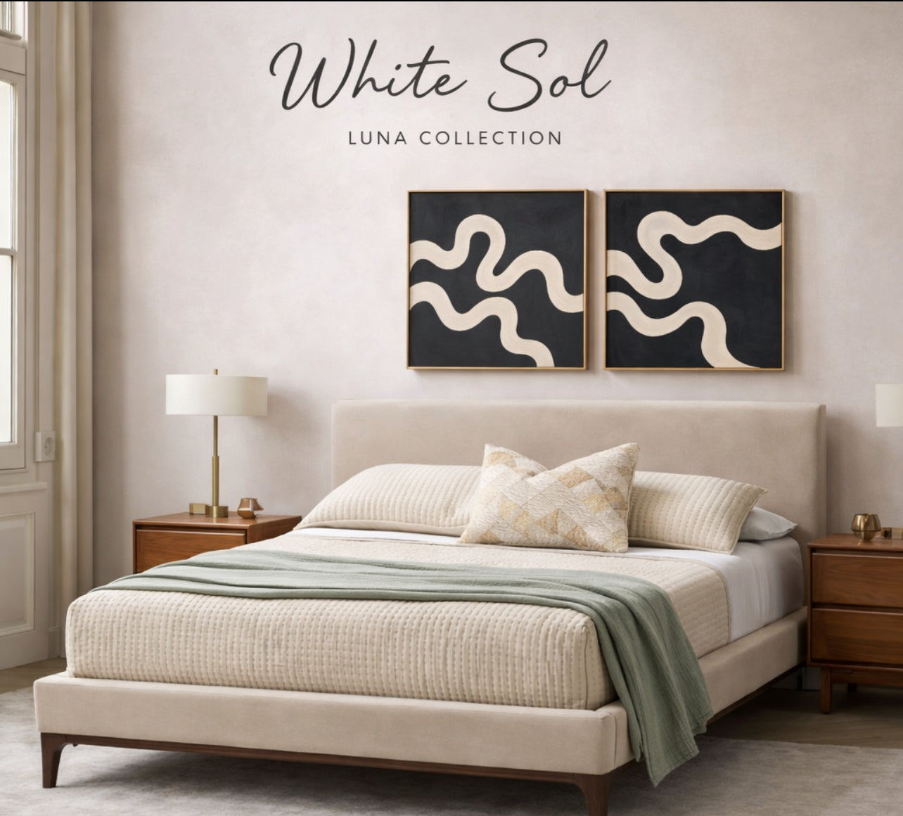 King Mid-Century Off-White Velvet Upholstered Platform Bed Frame with Headboard