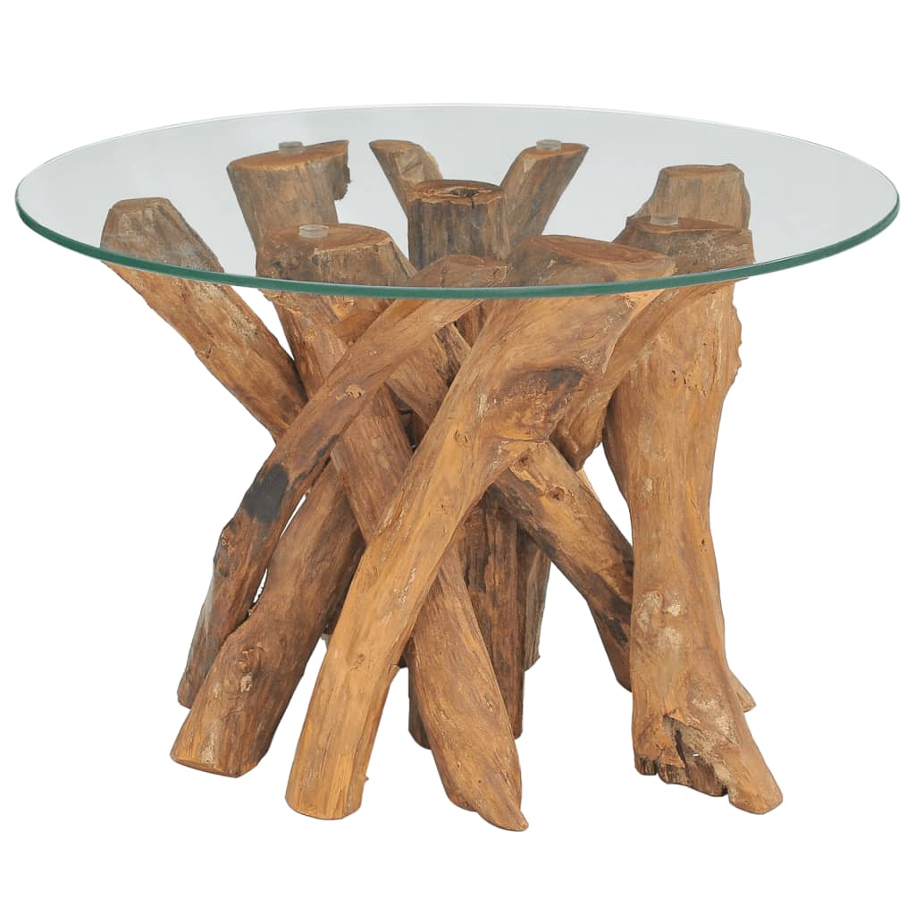 vidaXL Coffee Table Round End Table with Glass Tabletop Solid Teak Driftwood