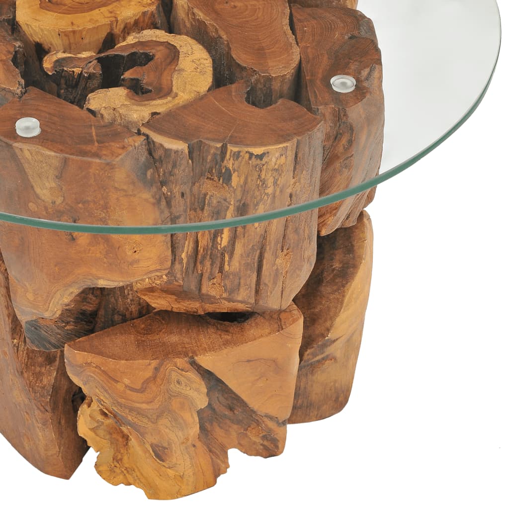 vidaXL Coffee Table Round End Table with Glass Tabletop Solid Teak Driftwood
