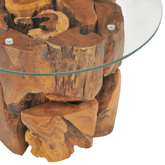 vidaXL Coffee Table Round End Table with Glass Tabletop Solid Teak Driftwood