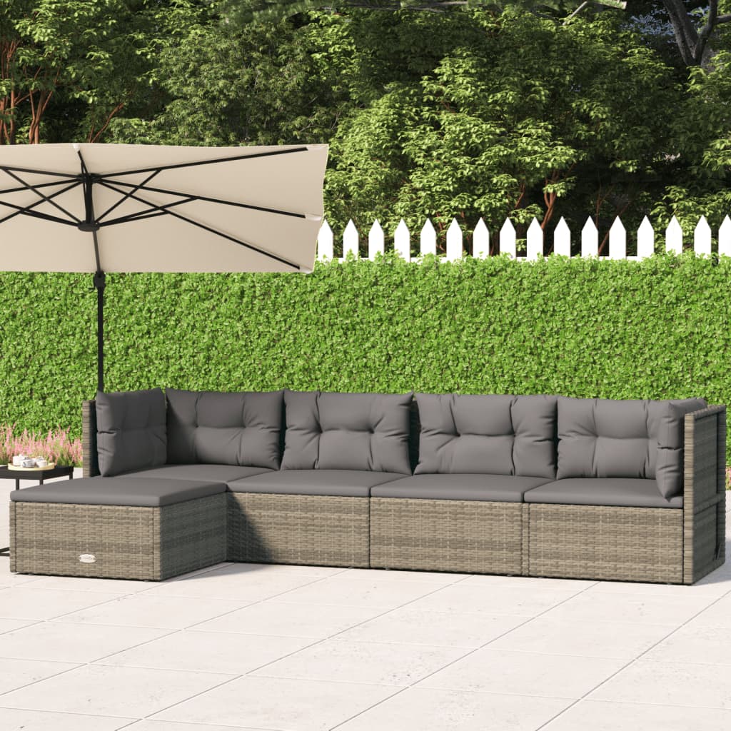 vidaXL 5 Piece Patio Lounge Set with Cushions Gray Poly Rattan