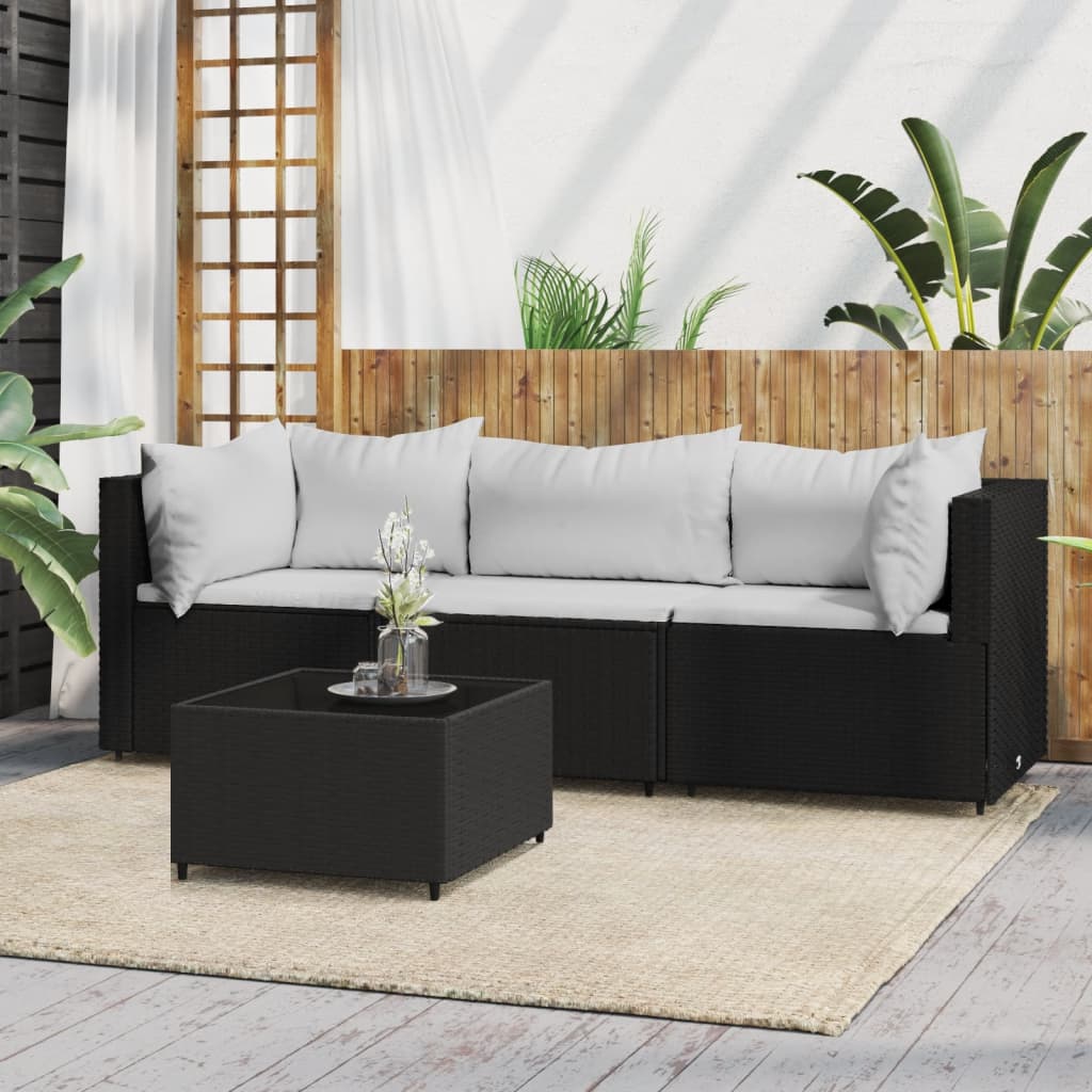 vidaXL 4 Piece Patio Lounge Set with Cushions Black Poly Rattan