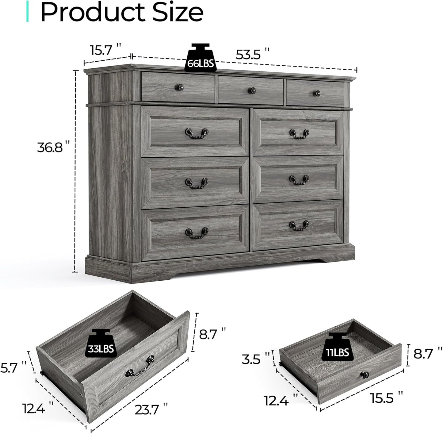 Grey 9-Drawer SolidWood Dresser For Bedroom Storage