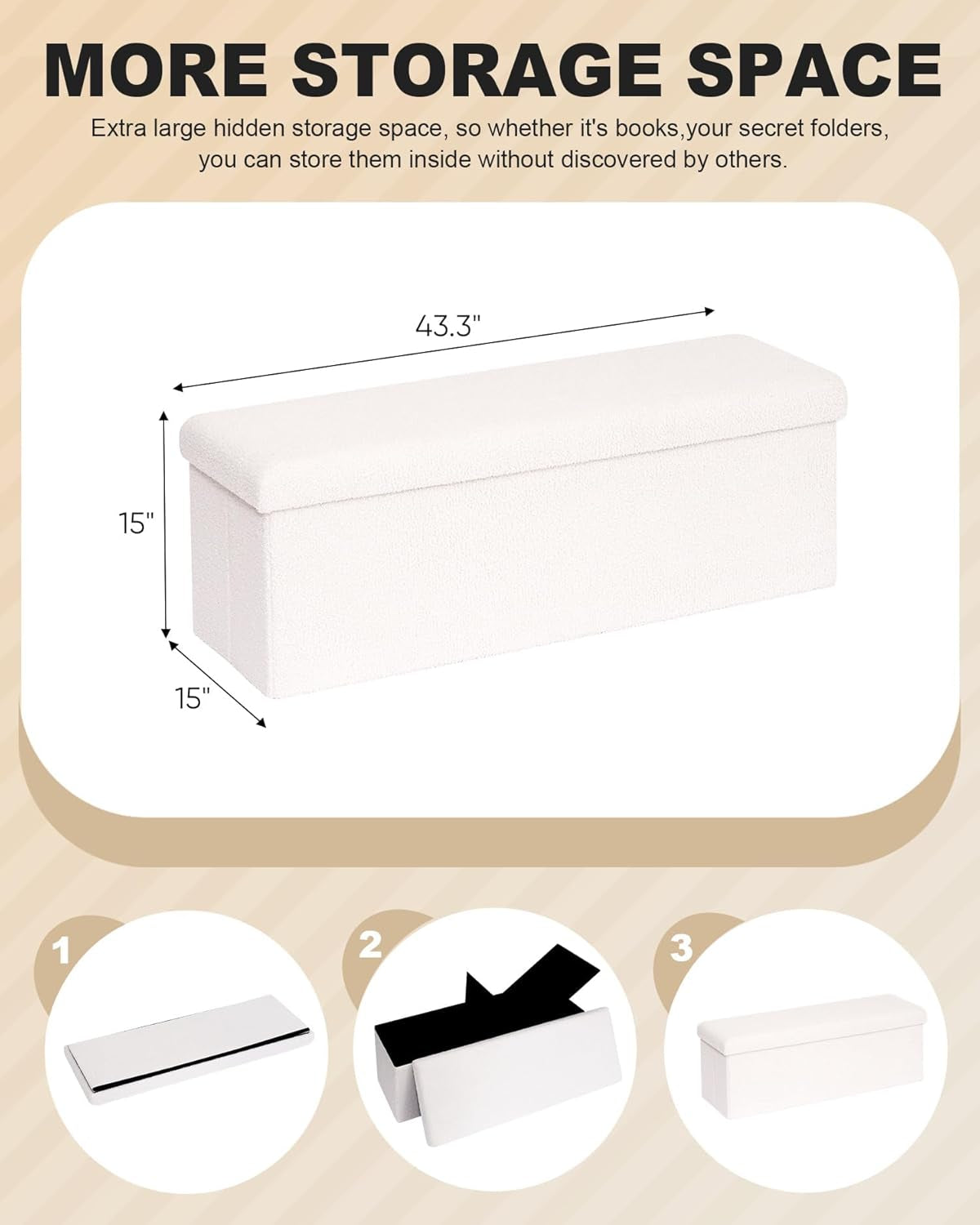 Cream White Faux Fur Storage Ottoman 43.3 Inch Dimensions