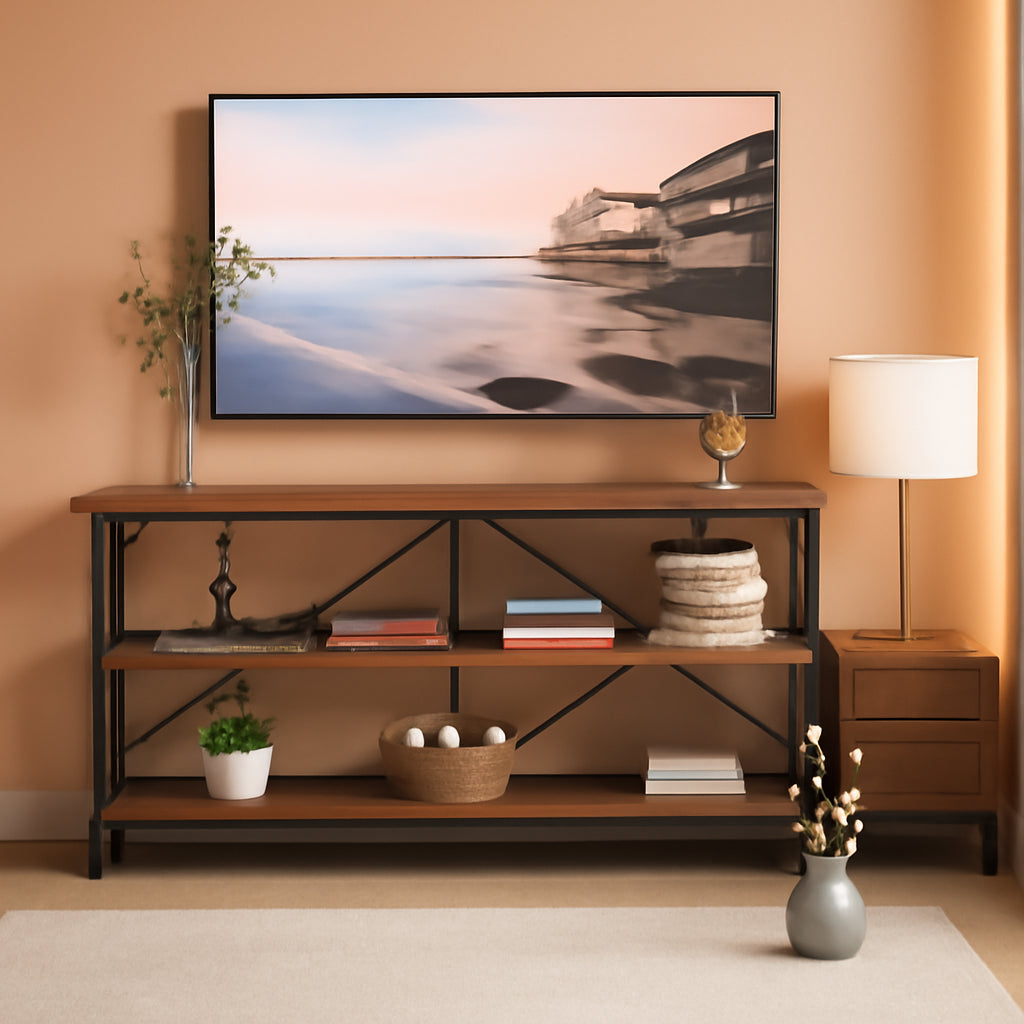 70 Inch Weathered Rustic Brown Sofa Console Table Three Tier