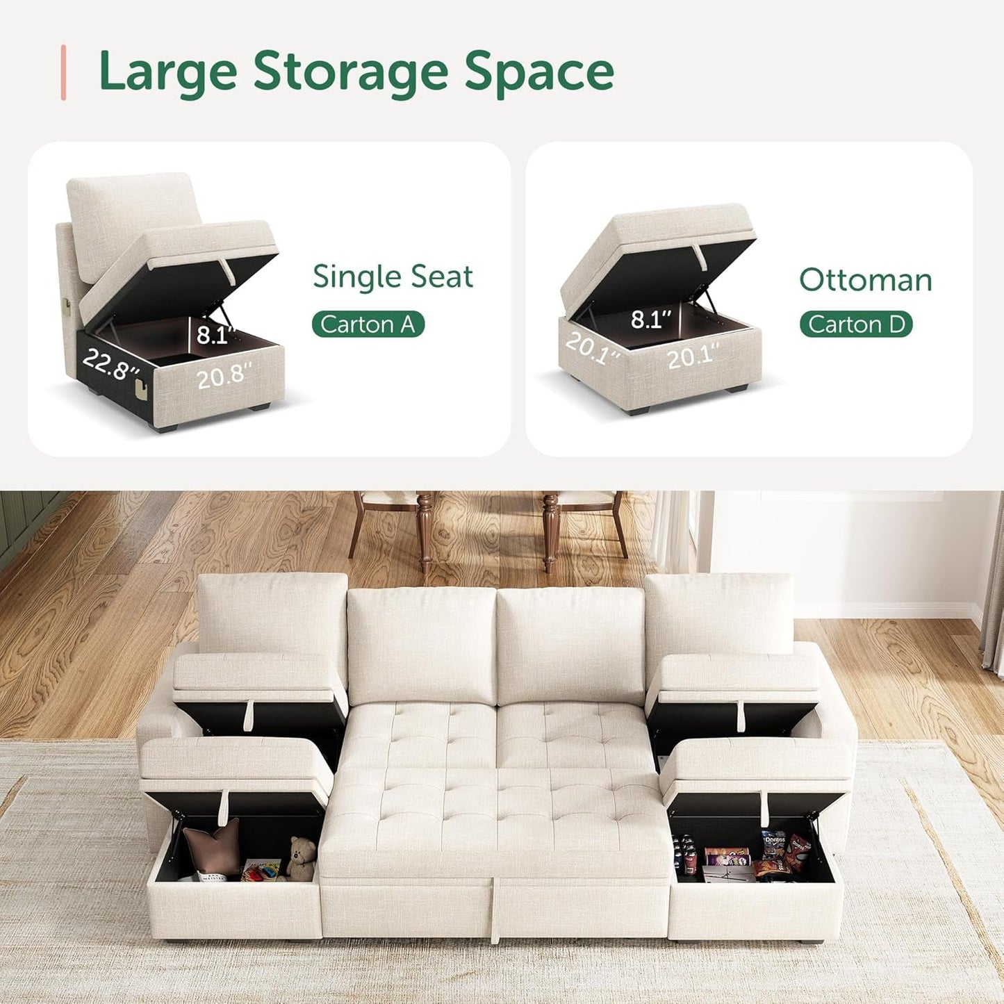 Beige Modular Sleeper Sectional Couch With Storage