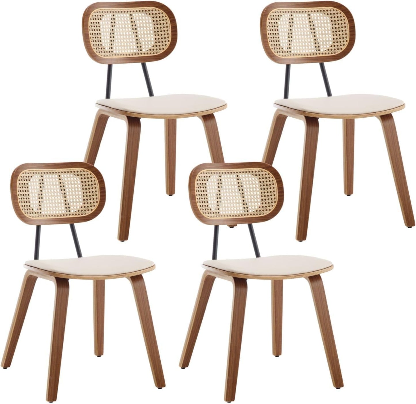 Beige Upholstered Dining Chairs With Rattan Backrest