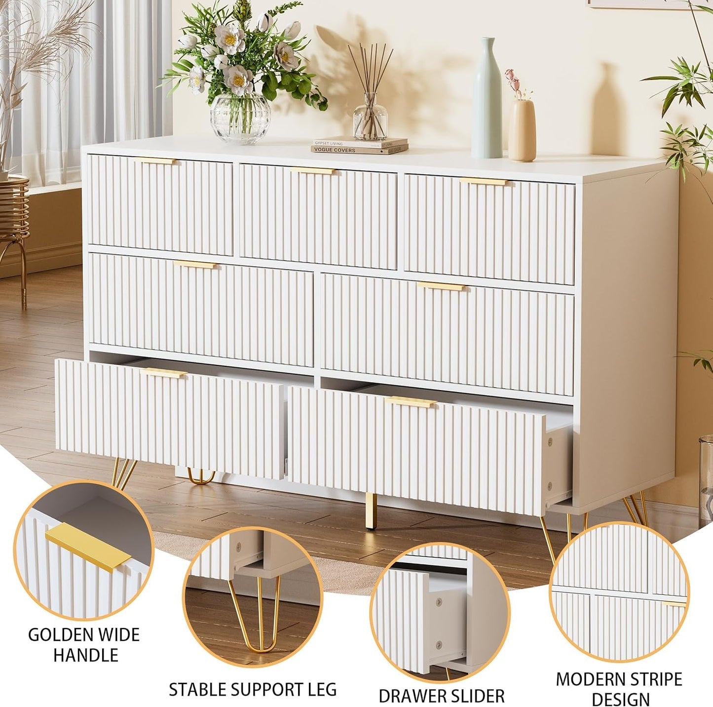 White Dresser 47 Inch Wide Modern Storage With Drawers