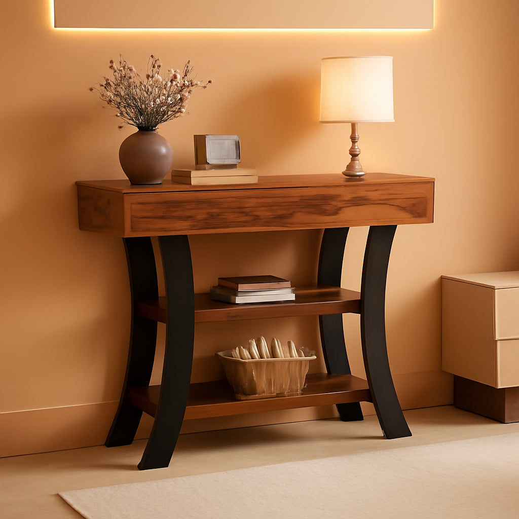 41 Inch Rustic Brown Console Table Curved Frame Shelves