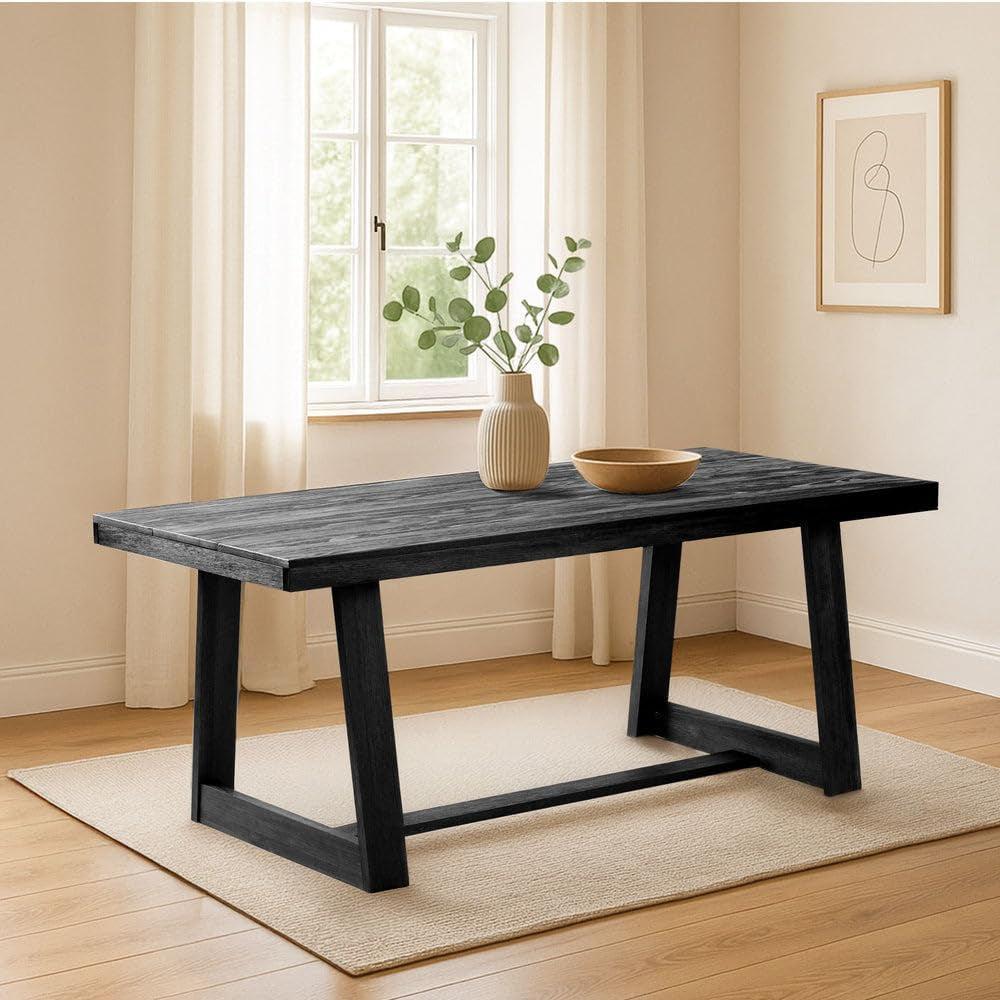 72 Inch Farmhouse Dining Table Solid Wood Black Wirebrush