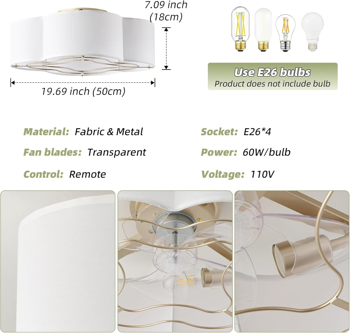 20 Inch Boho White Ceiling Fan With Light Remote Flush Mount