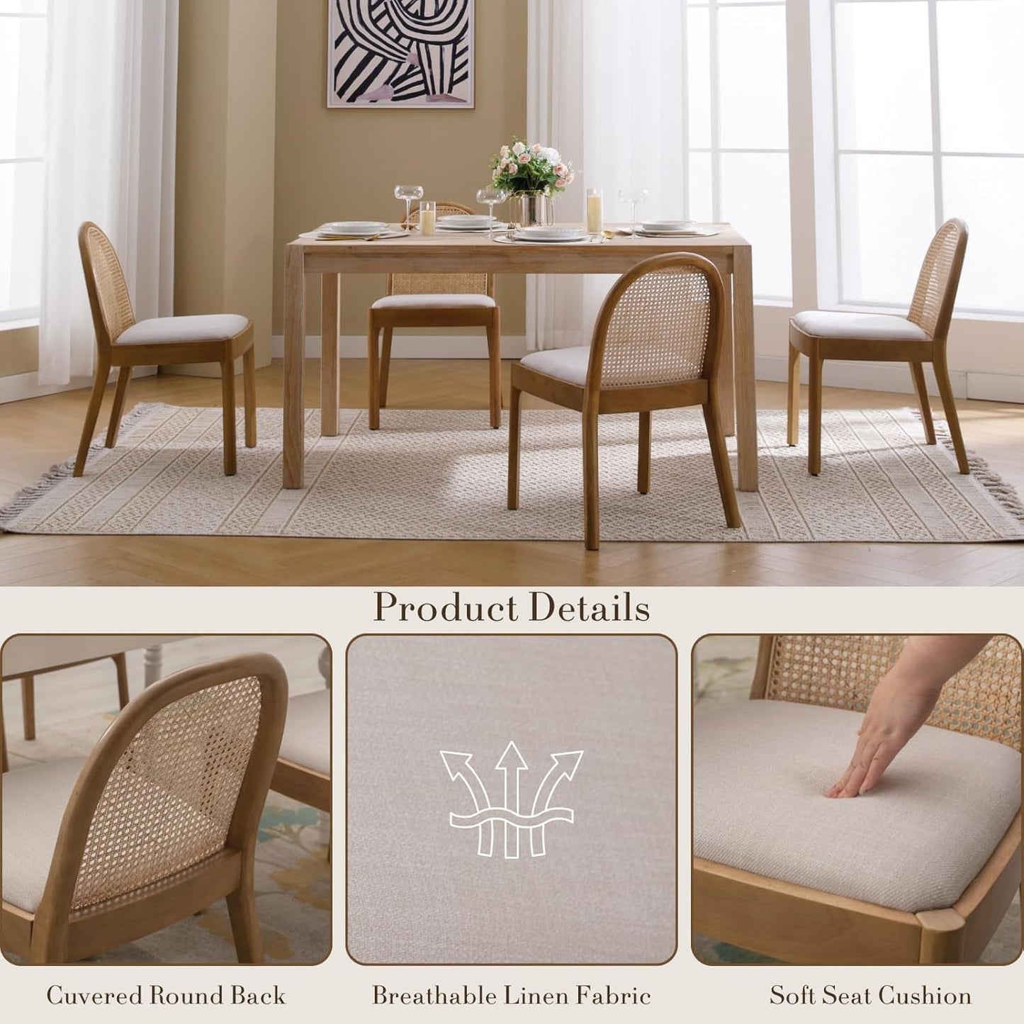 Beige Rattan Dining Chairs Featuring Contemporary Wood