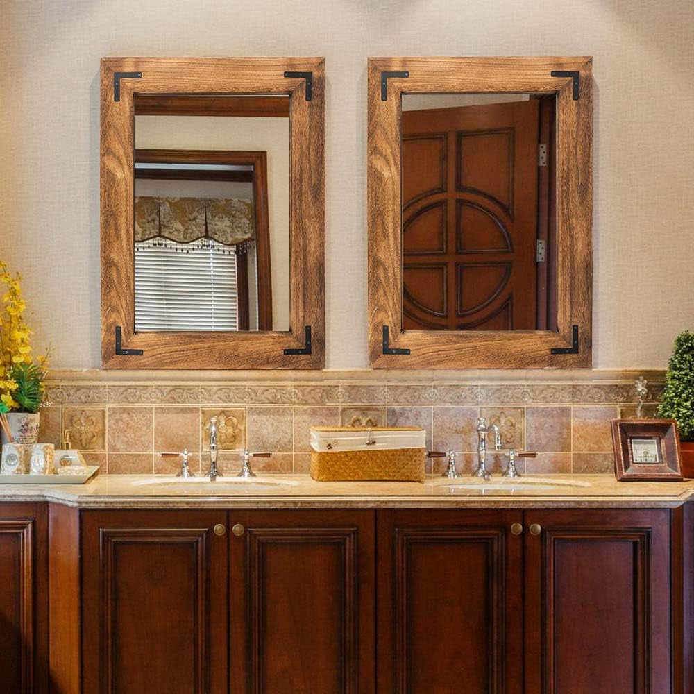 Rustic Wood Framed Wall Mirror 32 Inch Brown Vanity