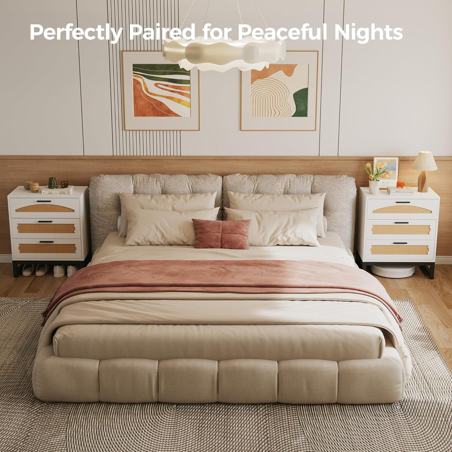 White Rattan Dresser With Industrial Metal Handles