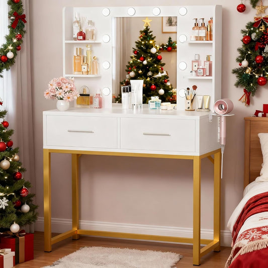 White Gold Vanity Desk With Luminescent Crystal Mirror
