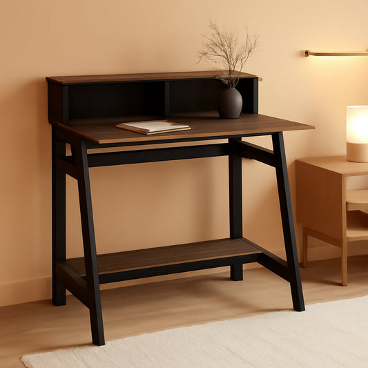 A Frame Computer Desk with Hutch Storage in Columbia Walnut