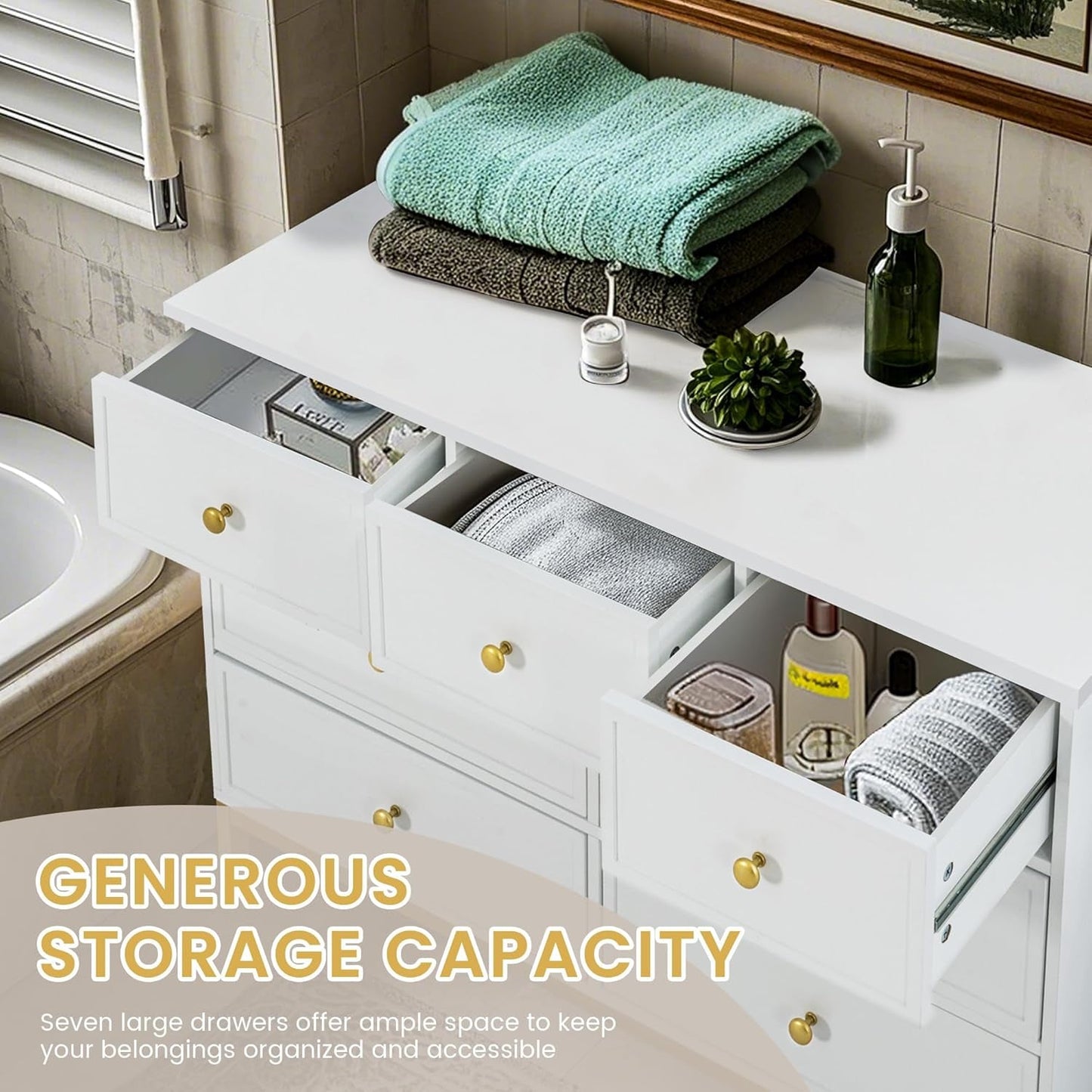 White 47 Inch 7 Drawer Dresser With Deep Drawers Storage