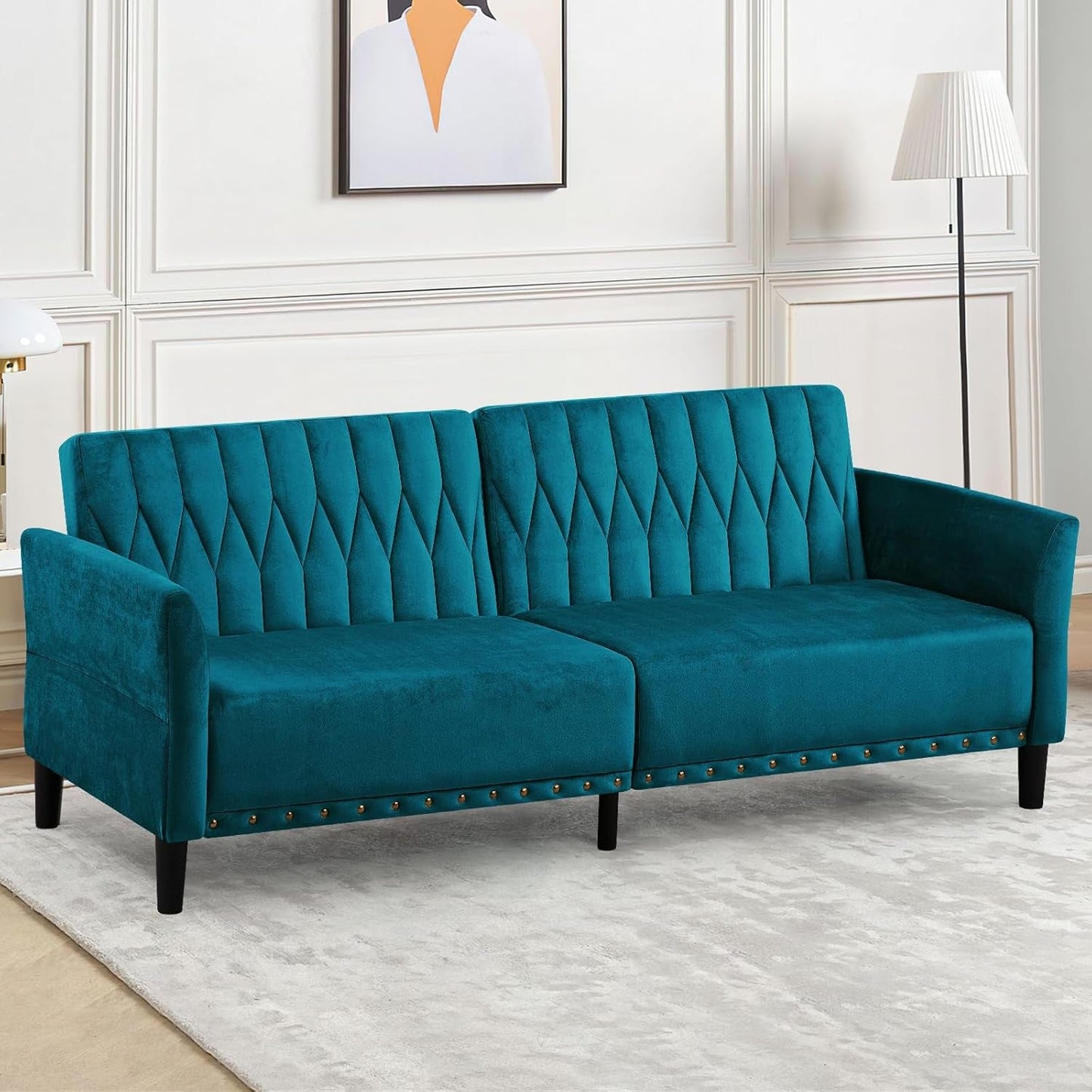 Teal Velvet Convertible Sleeper Sofa With Nailhead