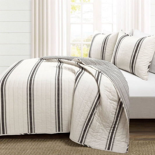 Twin/Twin XL Black Off-White Cream Stripe Reversible Cotton 2 Piece Quilt Set