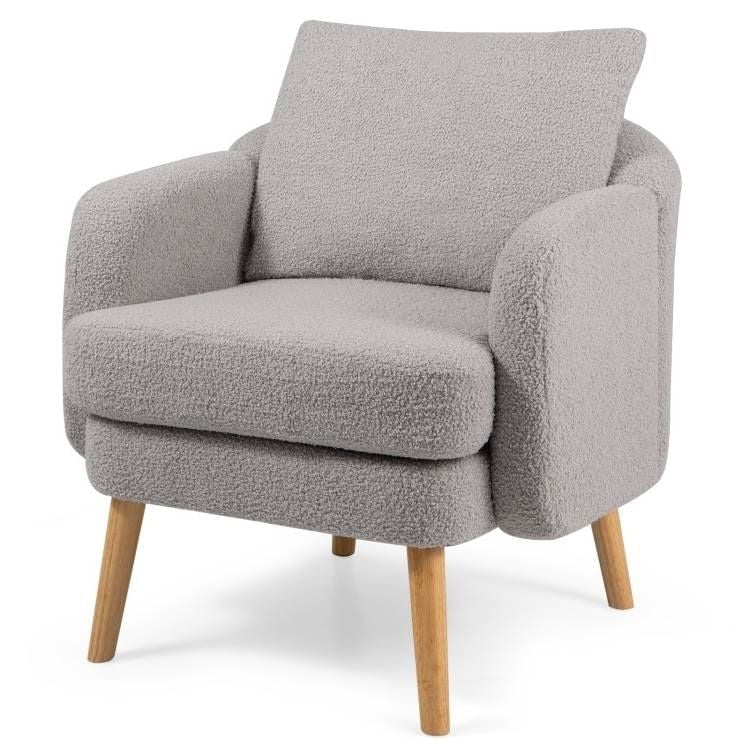 Modern Grey Sherpa Fabric Upholstered Accent Chair with Wooden Legs