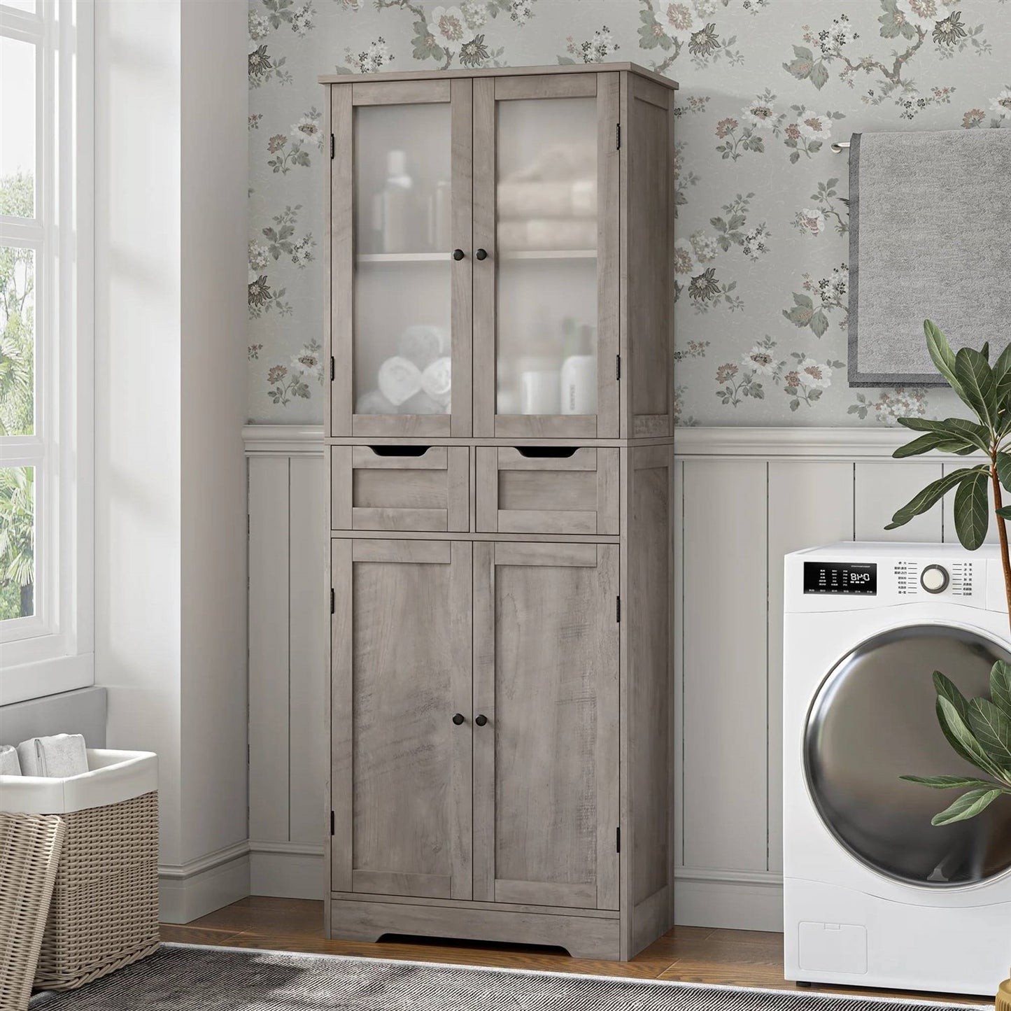 Farmhouse Bathroom Linen Cabinet with Storage Drawers in Grey Taupe Wood Finish