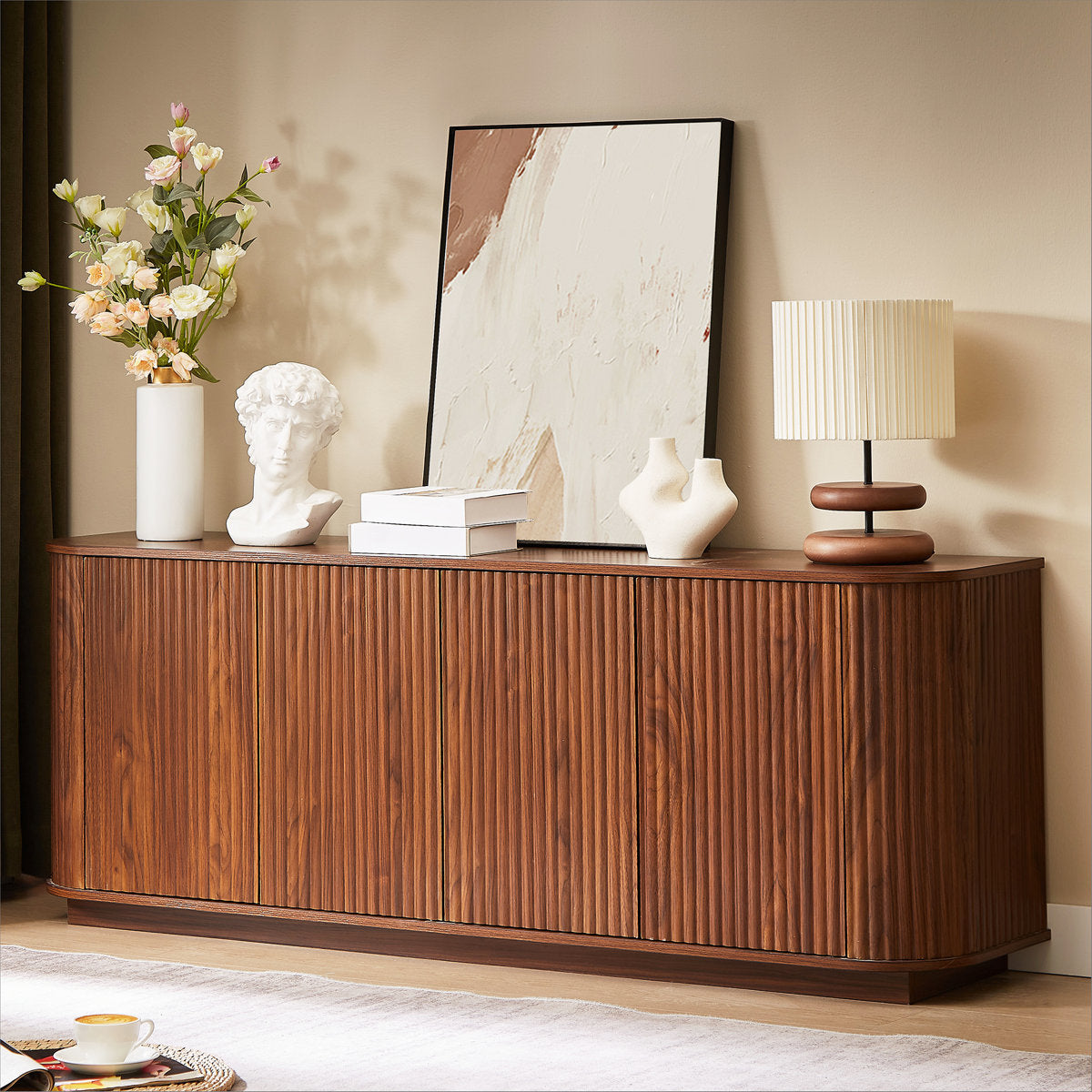 64 Inch Walnut Contemporary Buffet Sideboard Cabinet