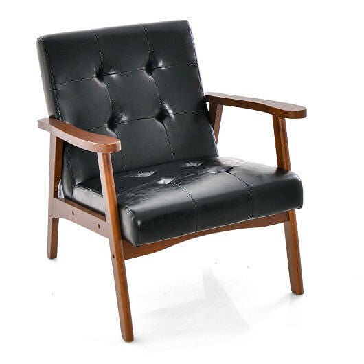 Mid Century Modern Accent Chair with Solid Rubber Wood Frame and Leather Cover-Brown
