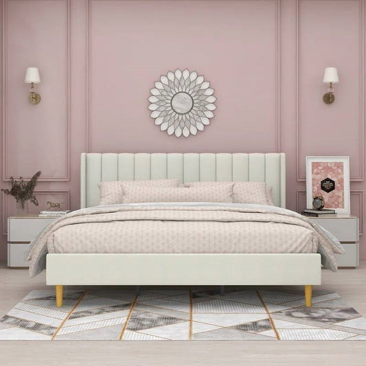 King Mid-Century Platform Bed Frame with Cream Velvet Upholstered Headboard